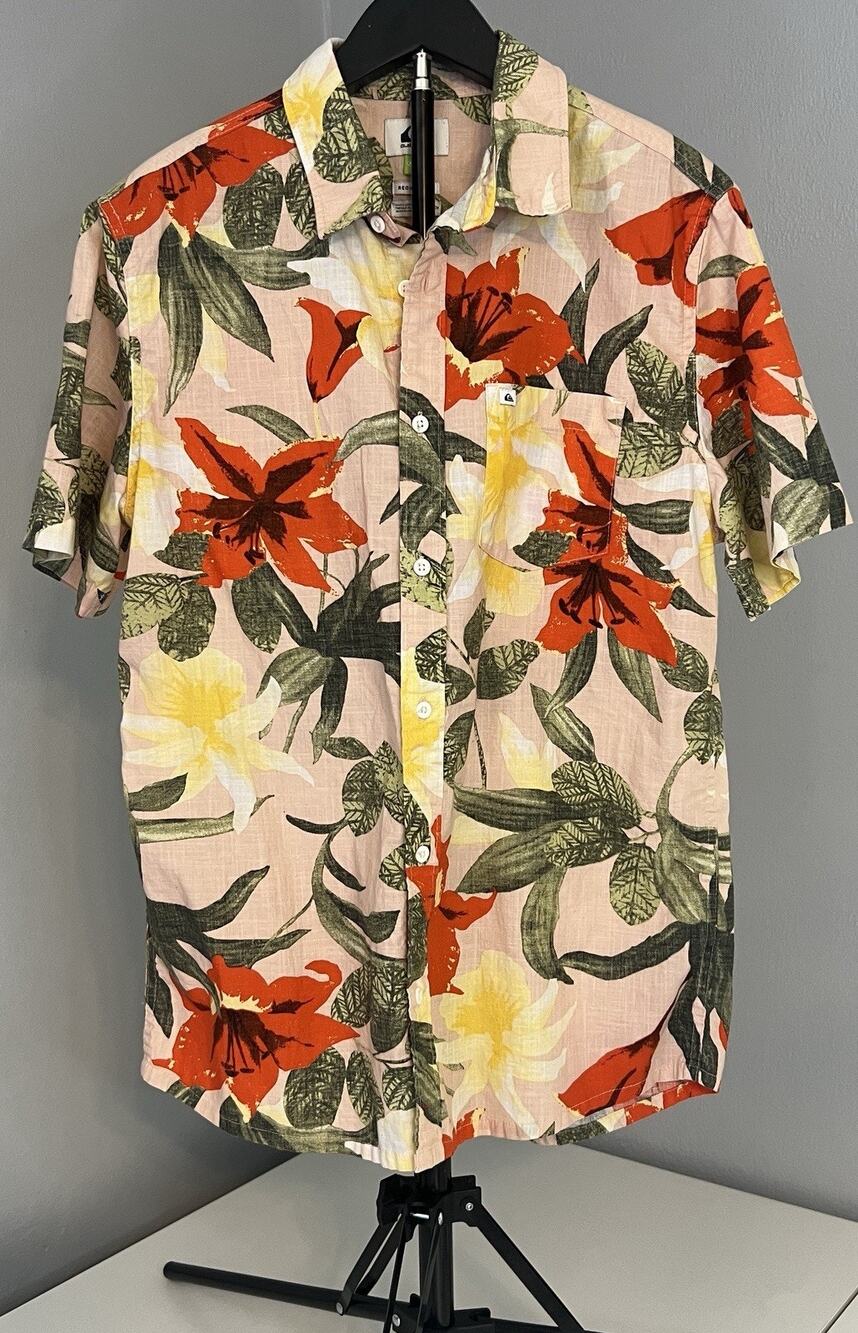 Quiksilver Men's Floral Organic Cotton Short Sleeve Shirt Beige Orange Green S
